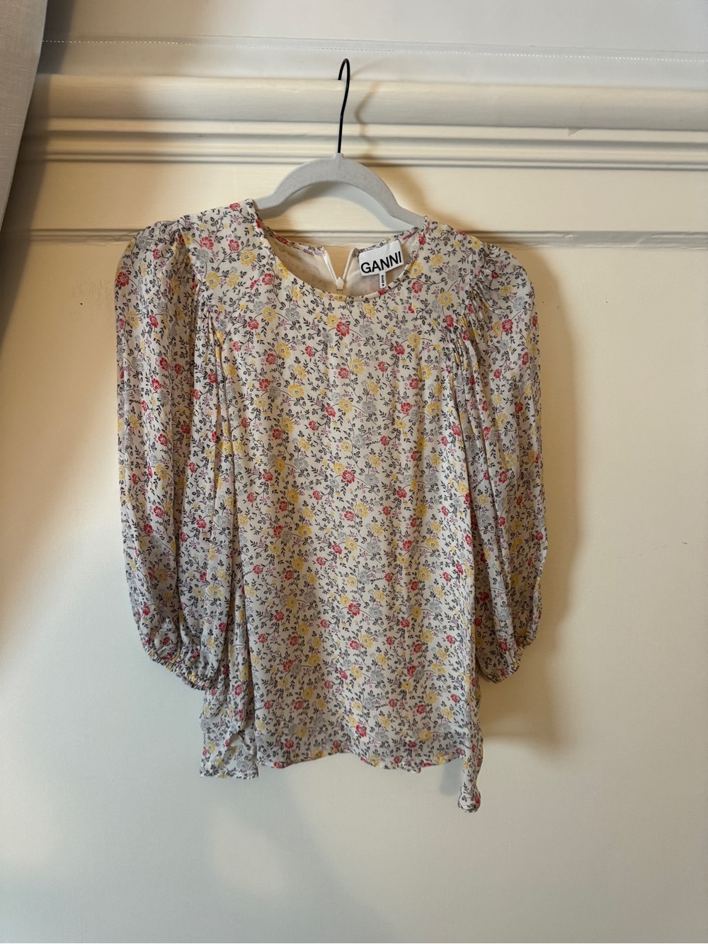 Ganni Cream Floral Puff-Sleeve Blouse